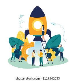 vector illustration people are building a spaceship rocket. cohesive teamwork in the startup