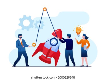 Vektorgrafik-Leute bauen eine Raumschiff-Rakete. zusammenarbeitende Teamarbeit beim Start. Flache Vektorgrafik
