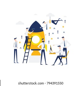 vector illustration people are building a spaceship rocket. cohesive teamwork in the startup