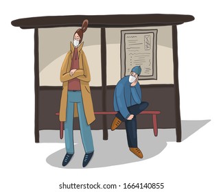 vector illustration of people at a bus stop in a virus epidemic. Keep your health, put a mask on your face from bacteria