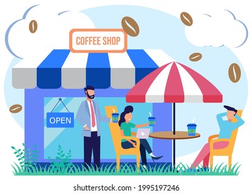 Vector illustration of people and business people drinking coffee. Morning cafe shop for delicious espresso, cappuccino and hot chocolate drinks. Business services for a serene lifestyle.