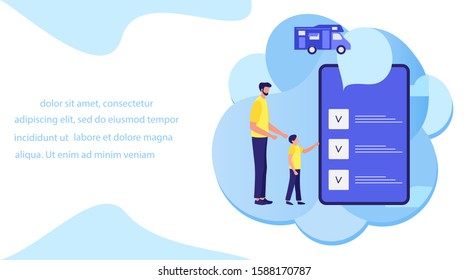 Vector illustration with people buy, rent trailer in the application on phone on white background. Mobile transportation. Traveling on vacation, explore route using device. Design for websites, print