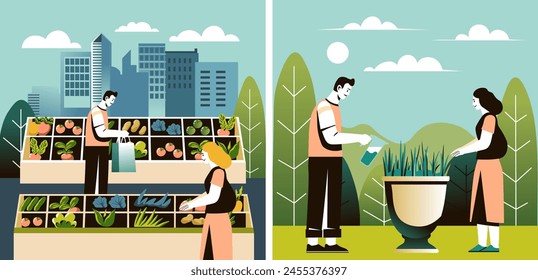 Vector illustration of people buying fresh produce at a sustainable urban food market.