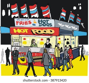 Vector illustration of people buying hot food, takeaway stall, New York. 