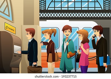 A Vector Illustration Of People Buying Train Ticket In A Kiosk