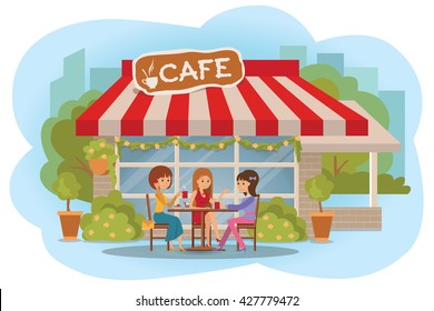 Vector illustration of people at the cafe outdoor. Three friends women sitting in cafe, outdoor while drinking hot coffee and talking about something. Flat modern illustration women at coffee break.