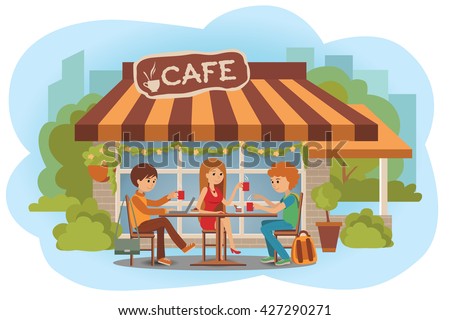 Vector illustration of people at the cafe outdoor. Men and woman sitting in the cafe, outdoor while drinking hot coffee and using laptop and talking about something. Flat modern illustration.