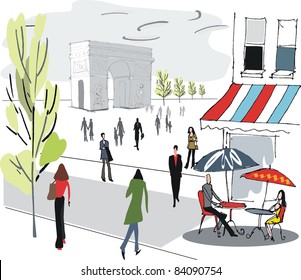 Vector illustration of people at cafe restaurant in Paris, France.
