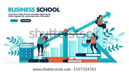 Vector illustration of people are calculating balance sheet on the scale. Bar chart diagram. Business, accounting and economic school. Design for landing page, web, banner, template, poster, ui ux