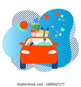 Vector illustration people in car carries gifts on white background. Valentine's day, New Year, Merry Christmas, Birthday Festive background. Transportation. Holiday concept. Design for website, print