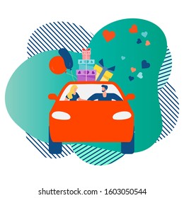 Vector illustration people in car carries gifts on white background. Valentine's day, New Year, Merry Christmas, Birthday Festive background. Transportation. Holiday concept. Design for website, print