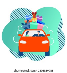 Vector illustration people in car carries gifts on white background. Valentine's day, New Year, Merry Christmas, Birthday Festive background. Transportation. Holiday concept. Design for website, print