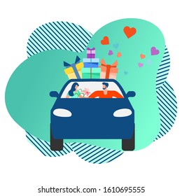 Vector illustration people in car carries gifts on white background. Valentine's day, New Year, Merry Christmas, Birthday Festive background. Transportation. Holiday concept. Design for website, print