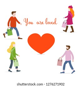 Vector illustration with people carry purchases, gifts for loved ones and heart. Inscription you  are loved. Love message. Greeting card happy Valentine's Day. Romantic background.