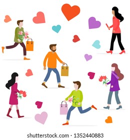 Vector illustration with people carry shopping and flowers. Birthday, Valentine's day, Mother's Day, Father's day background. Design for banner, poster or print.