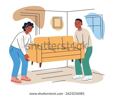 Vector illustration of people carrying sofa while moving into new home. Man and woman furnishing room during relocation, flat cartoon composition. Theme of moving, new house, home setup