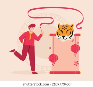 Vector illustration people celebrating chinese new year 2022 year of the tiger red and gold background.