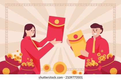 Vector illustration people celebrating chinese new year holding ang Pao (Ang Paw, Ang Pow), A Chinese Red Pocket for Chinese New Year background.