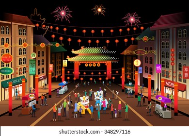 A vector illustration of people celebrating Chinese New Year in a Chinatown