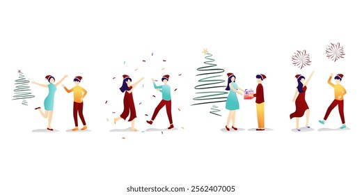 vector illustration of people celebrating Christmas with friends, dancing merrily, sharing gifts, Christmas tree, wearing Santa hats, party clothes.vector flat illustration