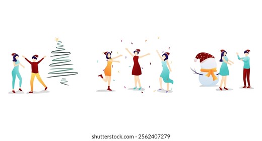 vector illustration of people celebrating Christmas with friends, dancing merrily, sharing gifts, Christmas tree, wearing Santa hats, party clothes, snowmen.vector flat illustration