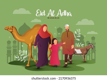 ilustración vectorial de la gente celebrando eid al adha del festival de festividad religiosa del Islam Eid Mubarak