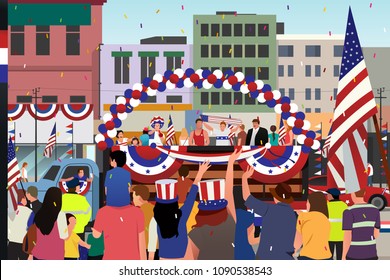 A vector illustration of People Celebrating Fourth of July Parade