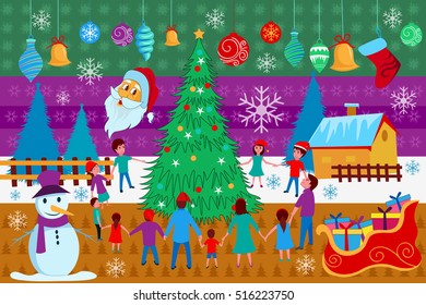 vector illustration of people celebrating Merry Christmas
