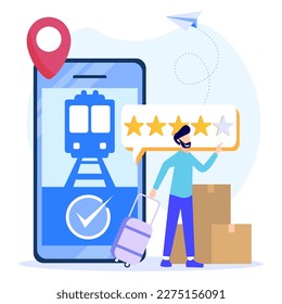 Vector illustration of people character doing online order. Travel planning. Airline, train and hotel ticket reservations online. Illustration for website, landing page, mobile app, poster and banner.