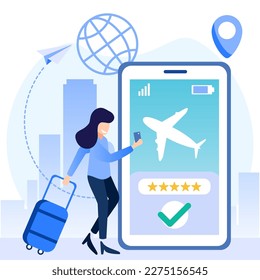 Vector illustration of people character doing online order. Travel planning. Airline, train and hotel ticket reservations online. Illustration for website, landing page, mobile app, poster and banner.