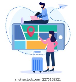 Vector illustration of people character doing online order. Travel planning. Airline, train and hotel ticket reservations online. Illustration for website, landing page, mobile app, poster and banner.