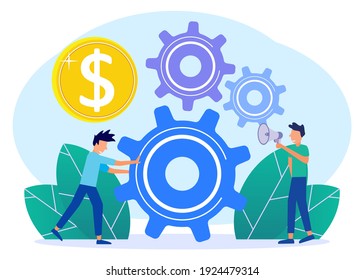 Vector illustration, people character mechanism link business concept, business mechanism, abstract background with gears, people involved in business promotion, business strategy analysis.