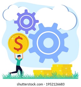 Vector illustration, people character mechanism link business concept, business mechanism, abstract background with gears, people involved in business promotion, business strategy analysis.