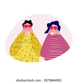 
vector illustration - people characters close their eyes with valentines hearts. Celebrating Valentine's Day together. Couple love and fun concept. Flat style colorful