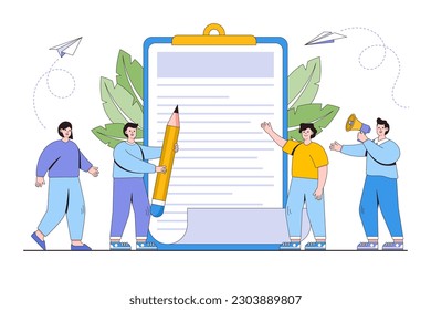 Vector illustration of people characters fill out a form for web banners, infographics, websites, printed products.