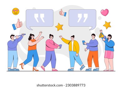 Vector illustration of people characters leave online reviews about purchase products through the Internet for online store.