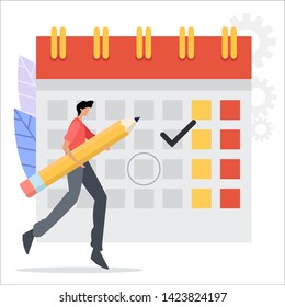 vector illustration. people characters make an online schedule. design business graphics tasks scheduling on a week.