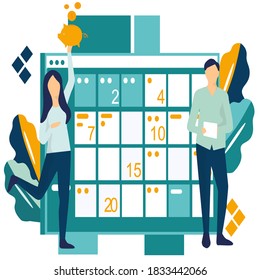 
Ilustración vectorial. Los caracteres de la gente hacen una programación en línea en la tableta. programación de tareas de gráficos empresariales de diseño en una semana  