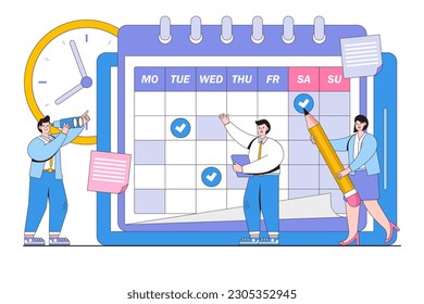 Vector illustration of people characters make an online schedule in the tablet on a week.