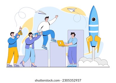 Ilustración vectorial de los personajes de la gente corren hacia su objetivo en una columna de columnas, subiendo la motivación y la manera de alcanzar el objetivo con el cohete hacia arriba.