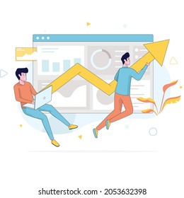 vector illustration of people characters are thinking over an idea. prepare a business project start up. rise of the career to success, flat color icons, business analysis vector