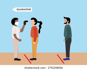 ilustración vectorial de personas controladas la temperatura corporal por el médico para la cuarentena. diseño de concepto de coronavirus.