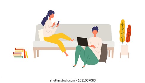 Vector illustration of people checking the web during autumn. Man and woman have a relaxing day off. Stay at home concept.