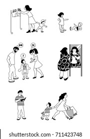 Vector illustration of People with children in clothing store bei try-on. Characters set.