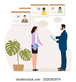Vector illustration People choosing candidate for job. Employment agency. Online recruitment Job search Human resource and recruiting Vacancy Recruitment management Office Work Business