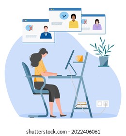 Vector illustration People choosing candidate for job using computer. Employment agency. Online recruitment Job search Human resource and recruiting Vacancy Recruitment management Office Work Business
