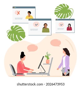 Vektorgrafik Menschen, die einen Bewerber für einen Job mit dem Computer auswählen. Beschäftigungsagentur. Online-Rekrutierung Stellensuche Personalsuche und Rekrutierung von Stellenvermittlungsbüro Arbeit Business