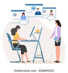 Ilustración vectorial Personas que eligen candidato para un trabajo usando el ordenador. Agencia de Empleo. Contratación en línea Búsqueda de empleo Recursos humanos y contratación de personal Vacantes Gestión de la contratación Oficina de Trabajo