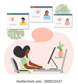 Vector illustration People choosing candidate for job using computer. Employment agency. Online recruitment Job search Human resource and recruiting Vacancy Recruitment management Office Work Business