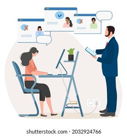 Vektorgrafik Menschen, die einen Bewerber für einen Job mit dem Computer auswählen. Beschäftigungsagentur. Online-Rekrutierung Stellensuche Personalsuche und Rekrutierung von Stellenvermittlungsbüro Arbeit Business